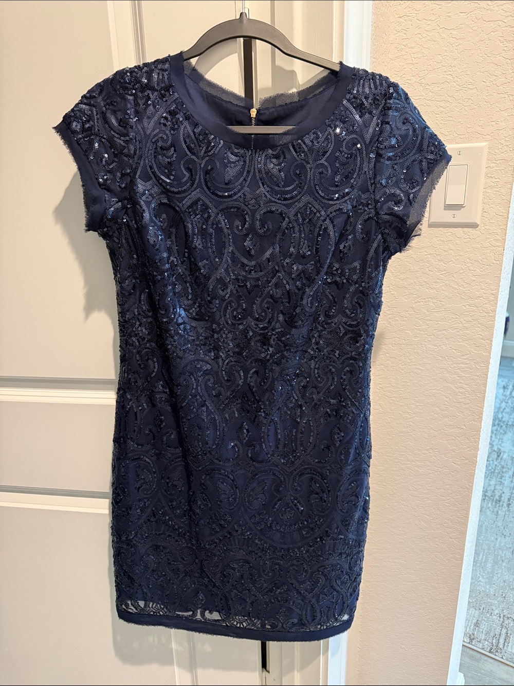 Vince Camuto Navy Sequin Embellished Cap-Sleeve Dress